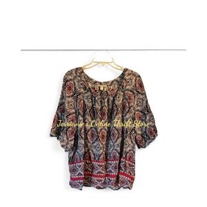 Dana Buchman Geometric Square Neck Bell Sleeve Navy &Red Women's Top XXL